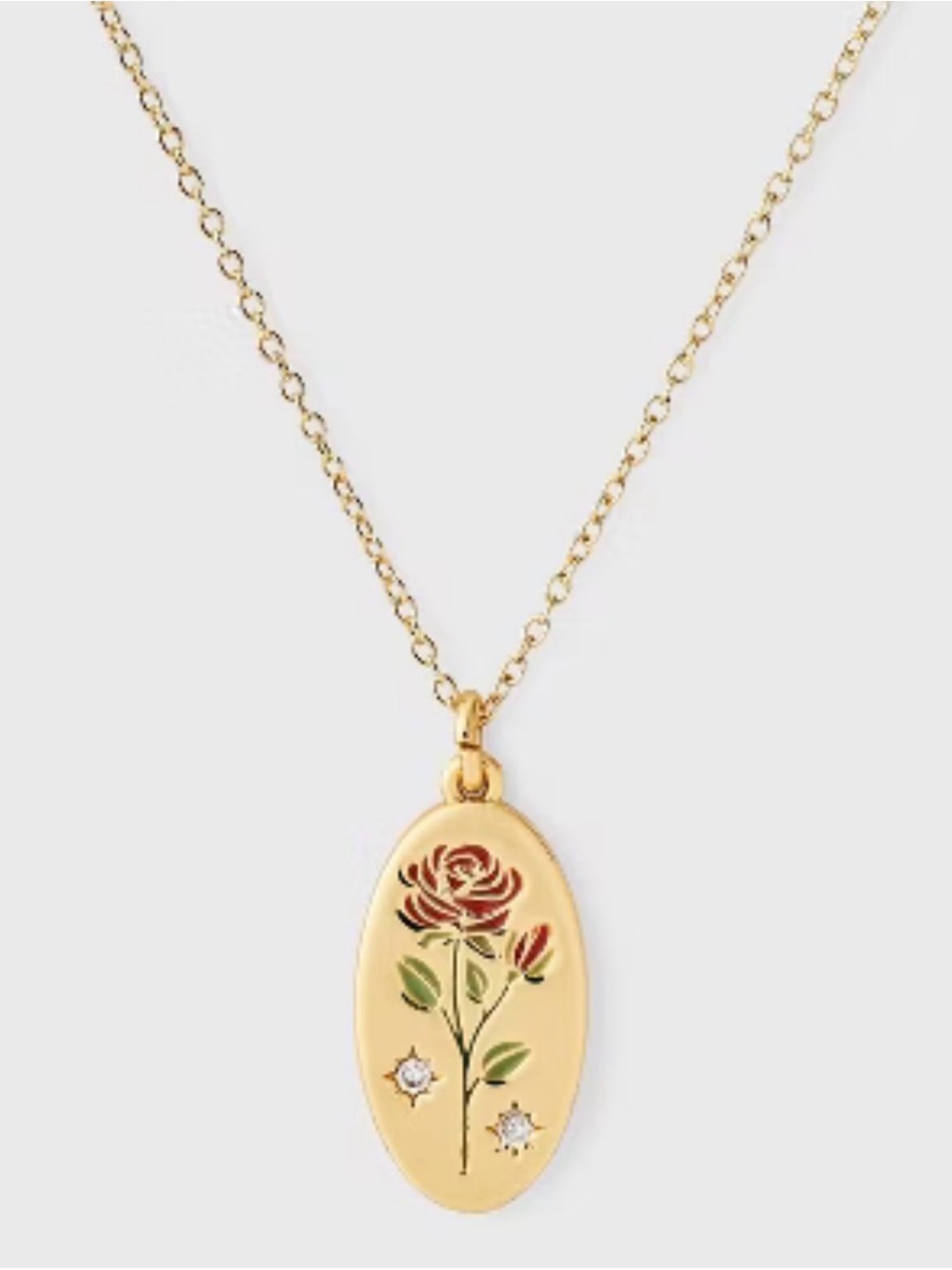 14K Gold Dipped Rose Enamel Oval Pendant Necklace *NEW
